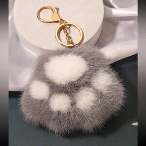 2/$30 Fluffy Paw Print Keychain & Bag Charm Faux Fur Gray/White